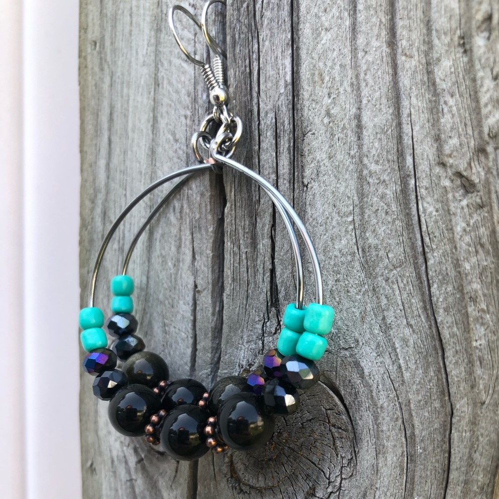 Wire Wrapped Gold Sheen Obsidian Gemstone Hoop Earrings - Picture 9 of 14